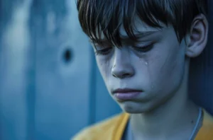 A young boy with tears in his eyes gazes downward, reflecting the struggles of adolescent challenges and drug abuse. 