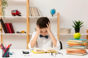 A boy in a bow tie sits at a desk surrounded by books and an apple, engaged in a developmental and speech evaluation.