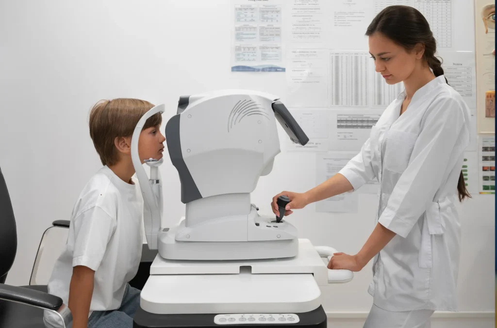  A healthcare professional examines a child's eye with an eye exam machine during a vision assessment.