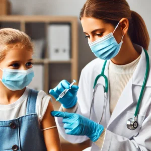 A female doctor wearing a mask and gloves administers a vaccine to a young girl in a clean, professional medical setting, symbolizing child immunization and healthcare efforts