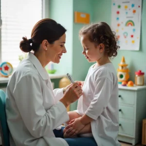 1. A female doctor in a white coat examines a child for earwax concerns in a clinical setting. 