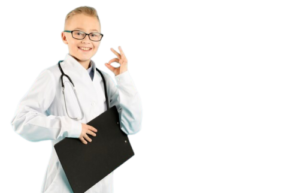 a young boy in a doctor's coat holding a health cheaklist