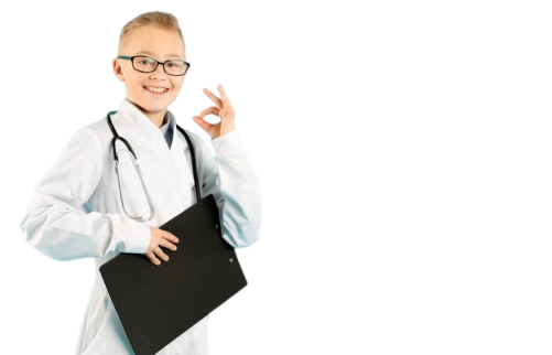 a young boy in a doctor's coat holding a health cheaklist