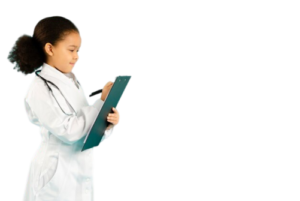 a young girl in a doctor's coat holding a health cheaklist