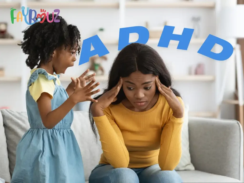 The image shows a young girl with curly hair excitedly talking to a woman who looks overwhelmed. The background is a cozy living room, and the word "ADHD" is displayed in large letters.