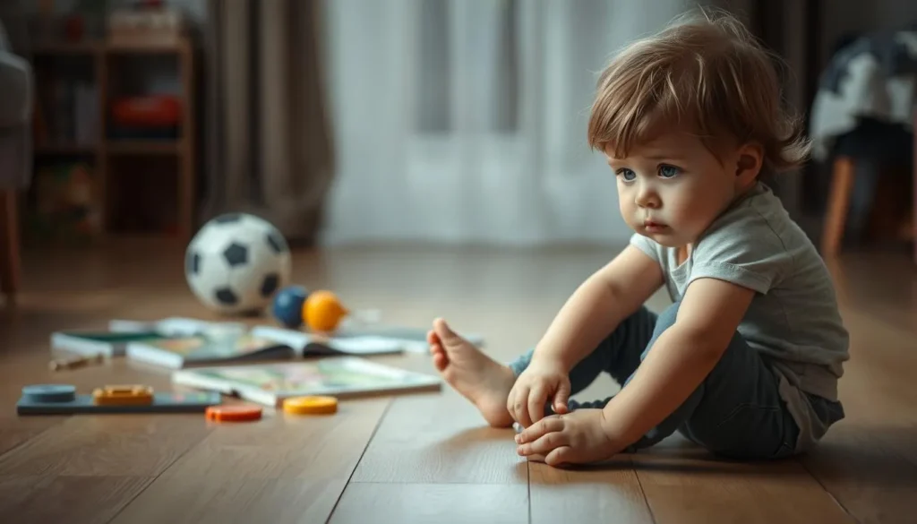 A young child sits on the floor with toys, reflecting the importance of play in developmental intervention strategies.