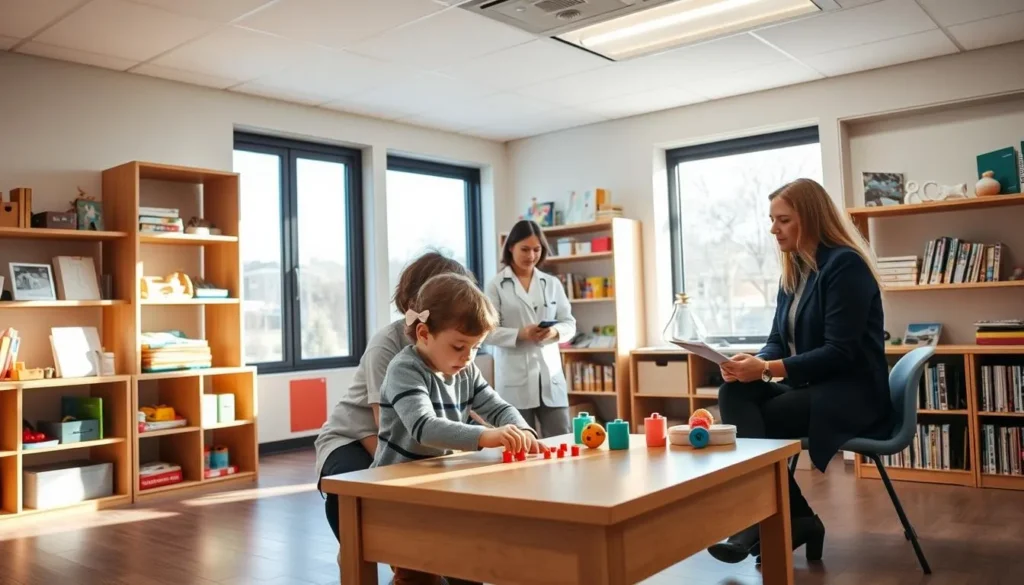 Developmental interventionist works with a young child on fine motor skill exercises. Behind them, a team of specialists observes and takes notes.