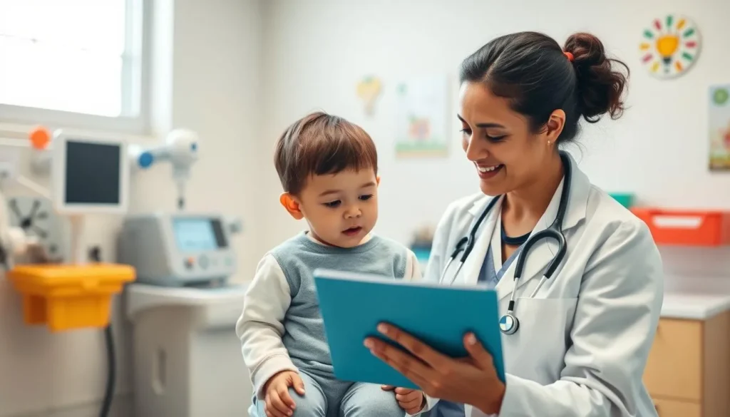 Pediatric developmental specialist's office with assessment tools and a child engaged in evaluation